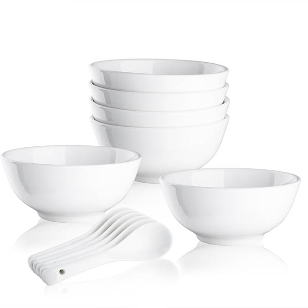 FAS1 22 OZ Porcelain Cereal / Soup Bowl Set Dinnerware Bowls for Entree, Oatmeal ,Pasta, Stews,Noodle,Salad - Set of 6 Bowls and 6 Spoons