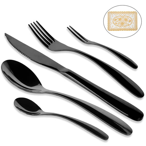 FAS1 Flatware Set, Amz Soaring 18/10 Stainless Steel Cutlery Tableware Dinnerware Utensil Set, 5 Pieces Kitchen Silverware Set for 1 Person, Mirror Polished Black include 1 Exquisite Place Mat